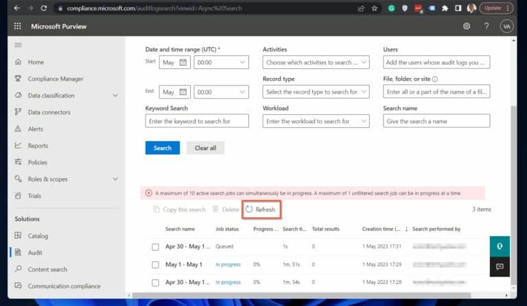 Step 1 (Option 1 of 2) Run an Office 365 Audit Log Search in the Compliance Portal - search result