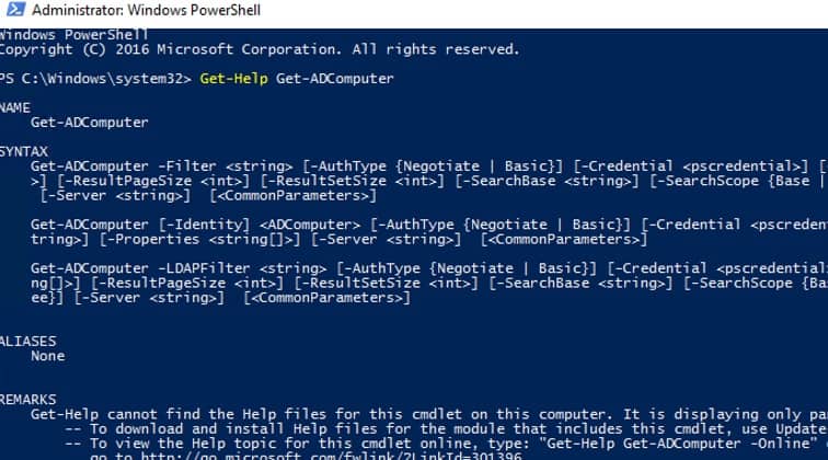 get-help get-adcomputer command result