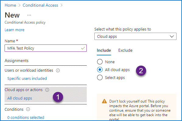 Steps to create a Conditional Access policy and configure multifactor authentication.
