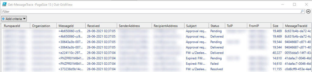 Create Active Directory Exchange Reports with PowerShell. sample get message trace output in grid view gui