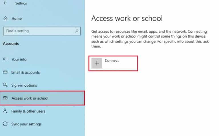 click on access work or school