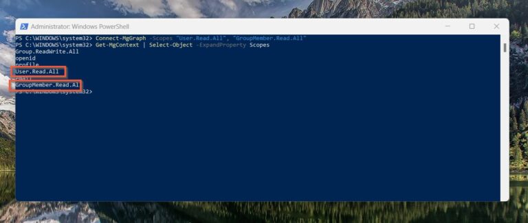 Before you proceed to the next section of this article, confirm scopes available in your PowerShell session by running the Get-MgContext command
