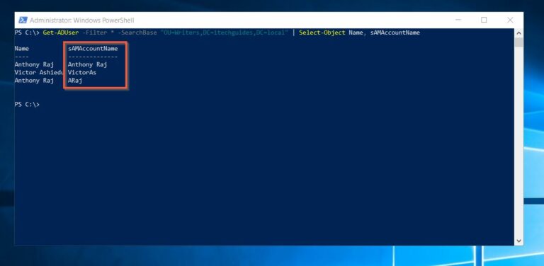 Find the sAmAccountName of all users in an Active Directory container with PowerShell