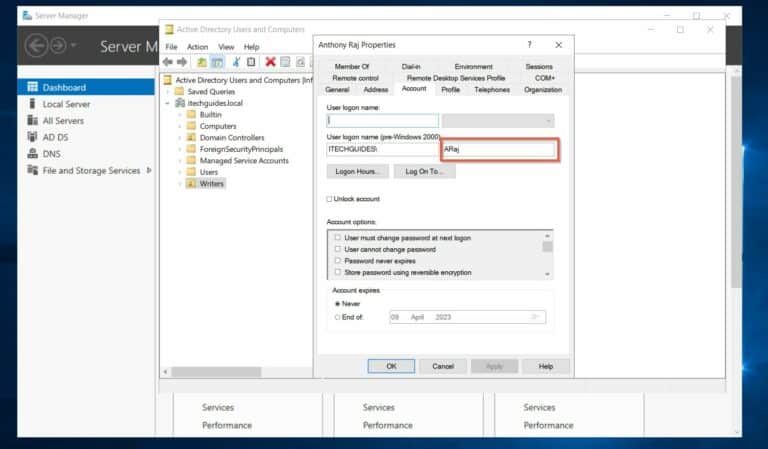 How to locate a User's Active Directory SamAccountName in the Account tab