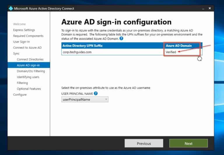 Install Azure AD Connect - Azure AD sign-in configuration - Azure AD domain verified