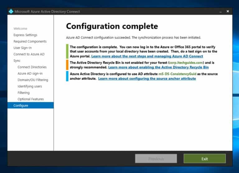Install Azure AD Connect - Configuration complete pahe