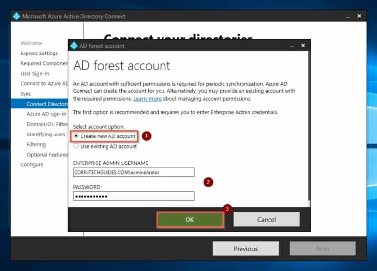 Install Azure AD Connect - Connect your directories - AD Forest account options - select Create new AD account
