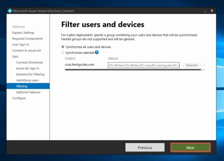Install Azure AD Connect - Filter users and devices