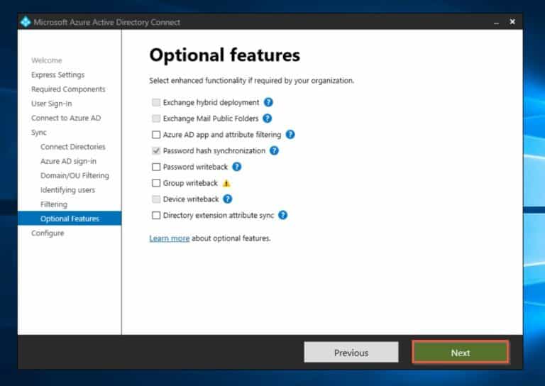 Install Azure AD Connect - Optional features selection