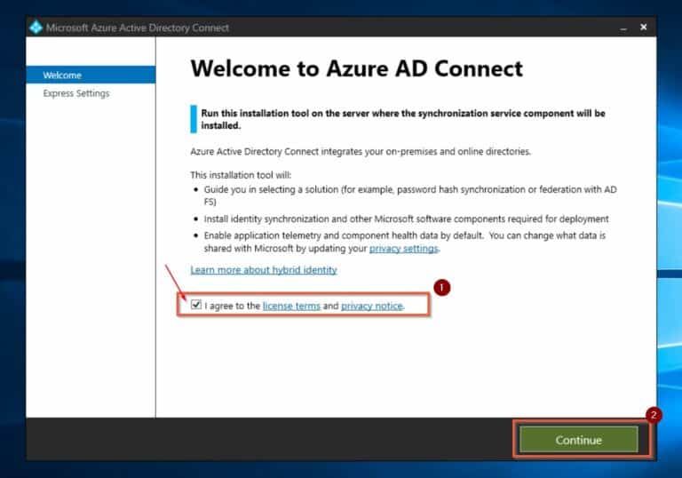 Install Azure AD Connect - Welcome page