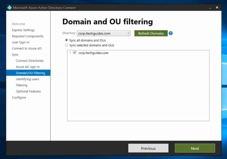 Install Azure AD Connect - configure Domain and OU filtering