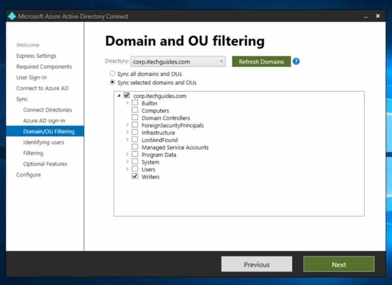 Install Azure AD Connect - configure Domain and OU filrering - sync selected AD containers