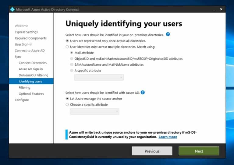 Install Azure AD Connect - configure the Uniquely identify your users section
