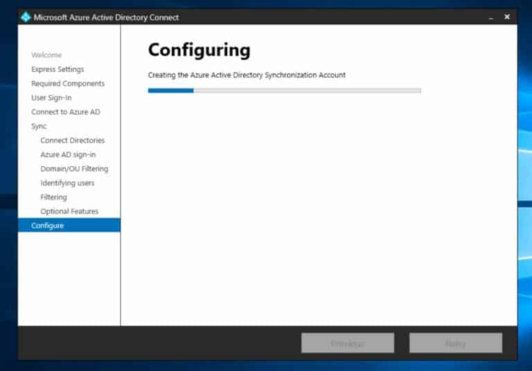 Install Azure AD Connect - wait for AD connect to install and configure your options