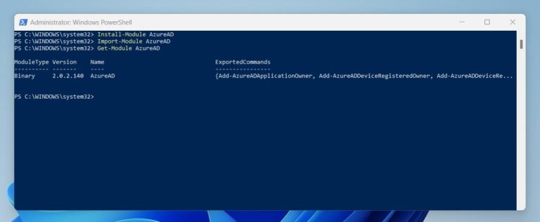 Install Azure Active Directory PowerShell for Graph module, AzureAD - step 1 - Run the install-module, import-module and get-module commands