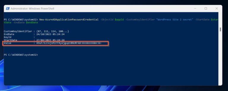 Add a client's secret to the Azure AD app with PowerShell