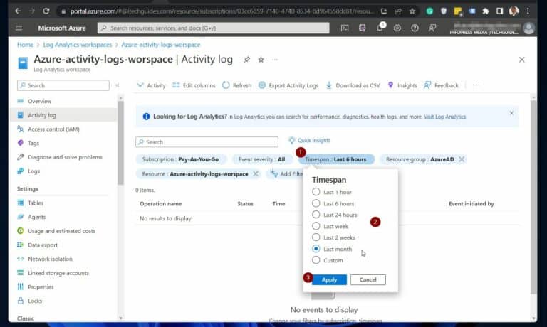 Change time span in the Activity log report in Azure Log Analtyics workspace