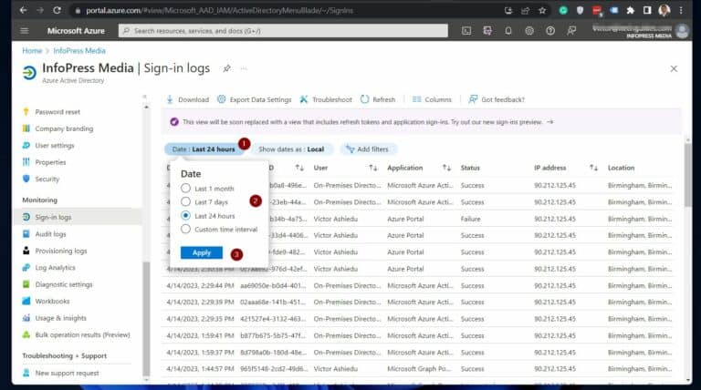 Change the date filter in Azure AD Sign-in logs report