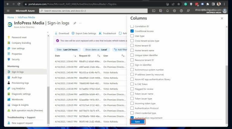 Customize the columns of the Azure AD Sign-in logs report 2