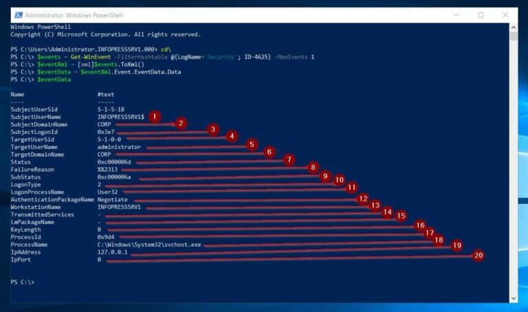 How to Analyze Event Logs with 0xC000006D Status Code Using Windows PowerShell - run the Get-WinEvent command, convert to XML and return the data 2