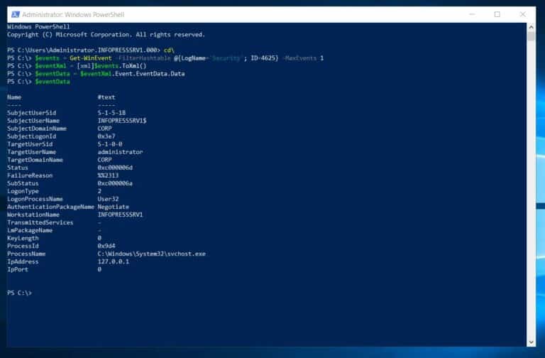 How to Analyze Event Logs with 0xC000006D Status Code Using Windows PowerShell - run the Get-WinEvent command, convert to XML and return the data