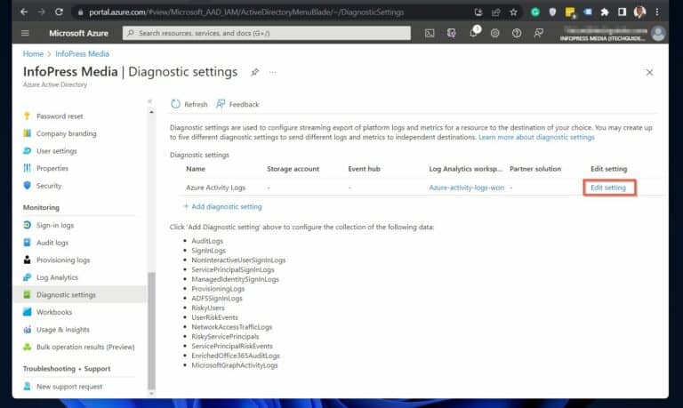 How to edit Diagnostic Settings in Azure Active Directory