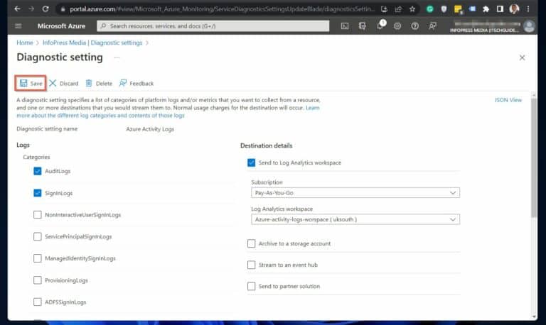 Modify the Diagnostic Settings in Azure Active Directory and Save
