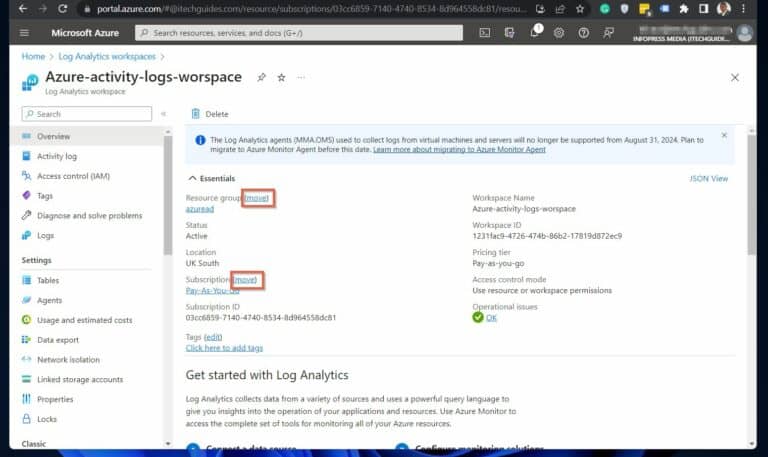 Move a log analytics workspace to a different resource group or subscription