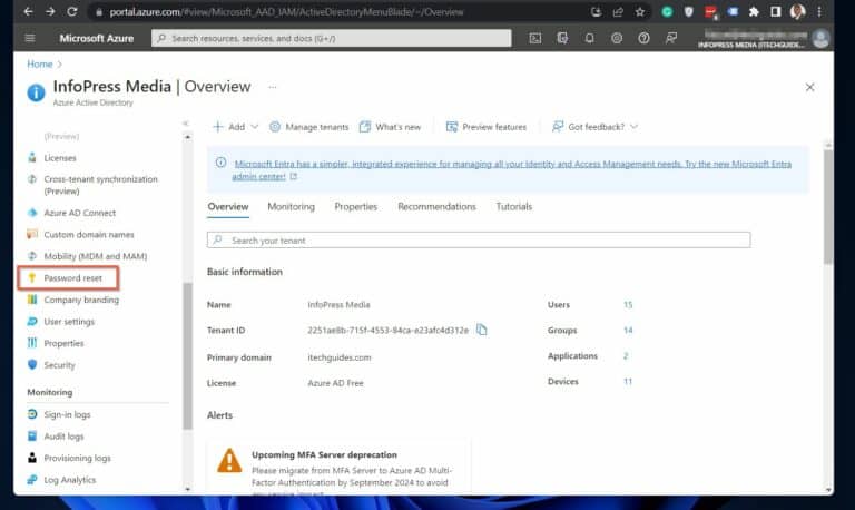 On the Azure AD sub-menu, scroll down to locate and click Password reset