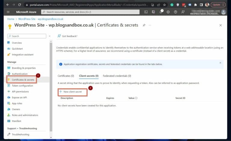 create an app secret by navigating to Certificates and secrets
