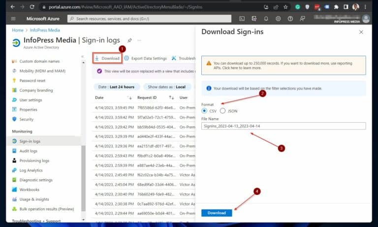 download Azure AD Sign-in logs report