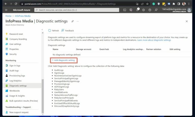on the - Diagnostic settings - page, click Add diagnostic settings