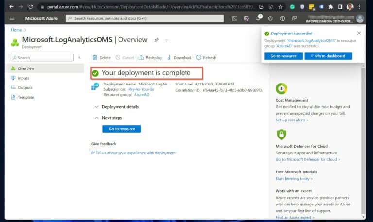 wait for the Azure Portal to finish deploying the log analysis workspace 2
