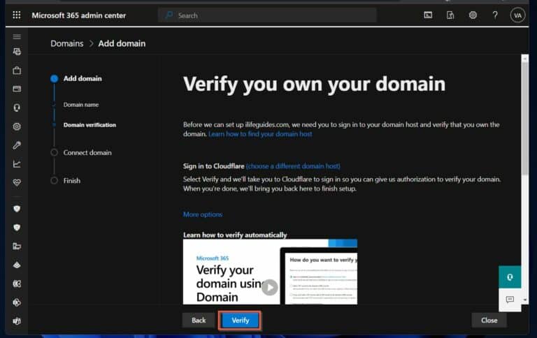 4. Once the 'Verify you own your domain' page loads, click 'Verify'
