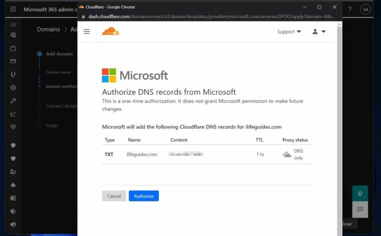 Office 365 Exchange Online: How to Set Up and Manage Exchange Online - 5. To authorize Microsoft 365 to add the TXT record, click 'Authorize'