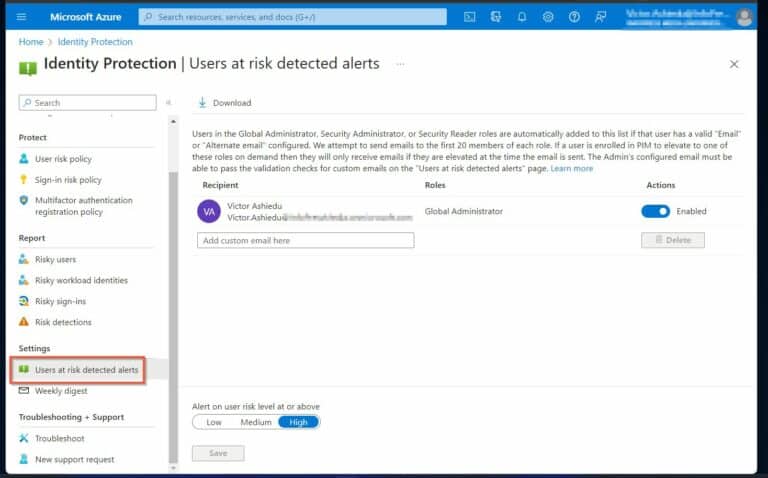 Azure AD Identity Protection - Using Alerts and Weekly Digest Emails to Detect and Respond to Threats - .users at risk detection alters'