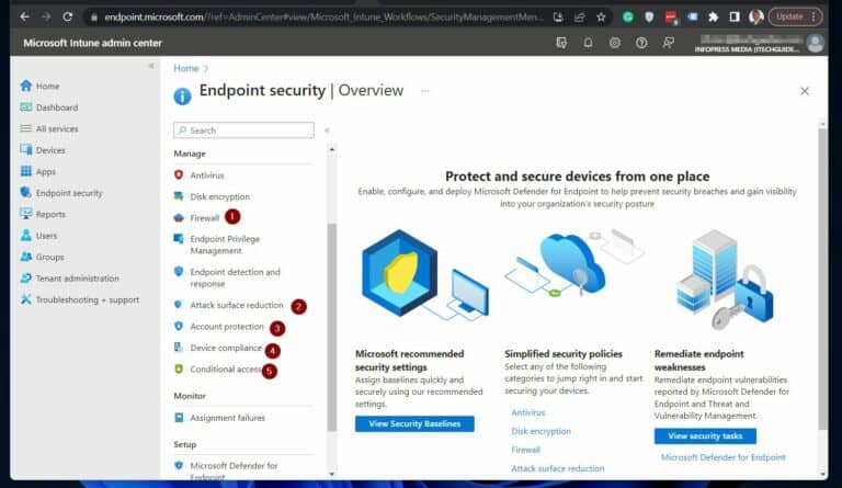Configure additional endpoint security policies - Attack surface reduction, Device compliance, Firewall, Account protection, and Conditional access