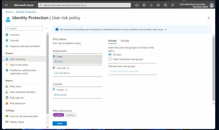 Enable Identity Protection Policies - enable 'User risk policy' step 2