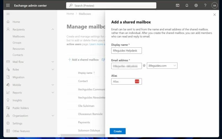 Finally, add the required information on the 'Add a shared mailbox' flyout. When you finish, click Create. 