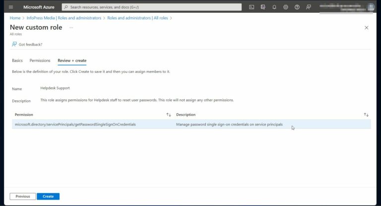 Review your selections and click Create to create the new Azure AD custom role