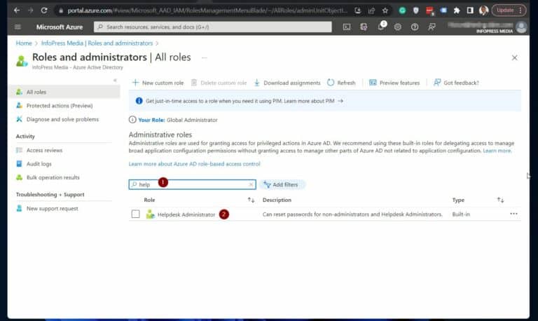 Granting User Accounts Permissions Via Roles in Azure AD Portal - select the role