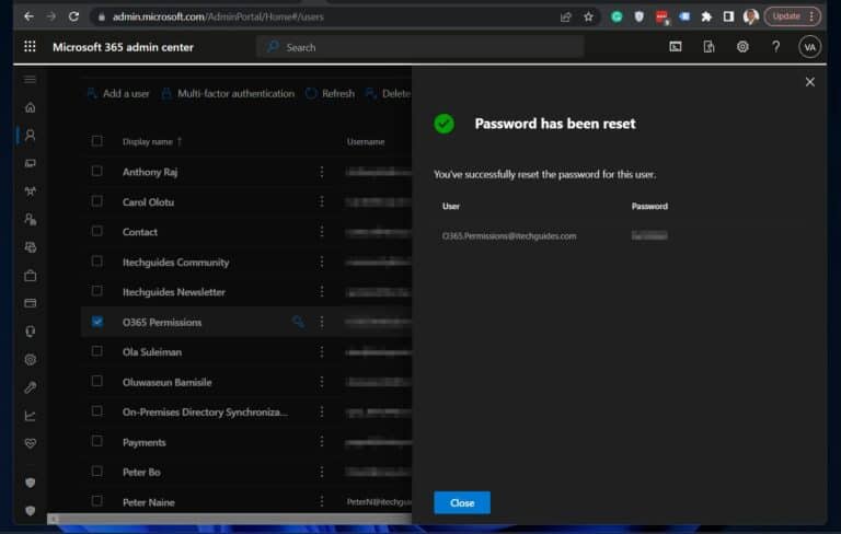 Reset User Password in Microsoft 365 Portal - password reset confirmation page
