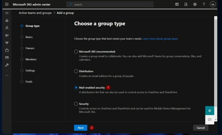 Step 1 to setup Azure AD Privileged Identity Management - Create a mail-enabled Group for Request Approvers - step 2