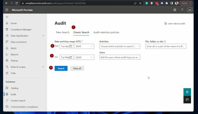 Step 2 View and Export the Office 365 Audit Activity Logs from the Compliant Portal - Classic Search