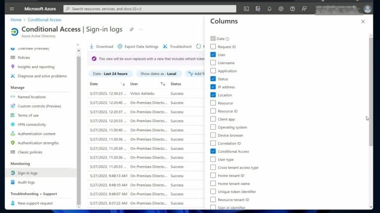 Step 5 - Monitor Conditional Access with Sign-in and Audit Logs - configure Sign-in logs' columns step 2