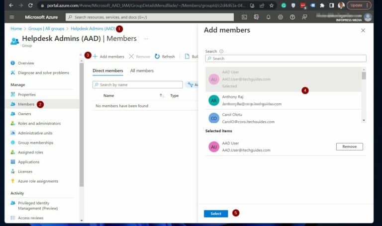 Method 2 - Use Azure AD Portal to Manage User Accounts and Permissions with Office 365 Identity and Access Management - To add users to an Azure AD group, on the Groups node, click the group. Next, on the group's page, click Members. Finally, click Add members to complete the task