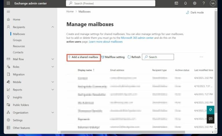 Use the Exchange Online Admin Portal to Add Shared Mailboxes - Click 'Add a shared mailbox' on the 'Manage mailboxes' page