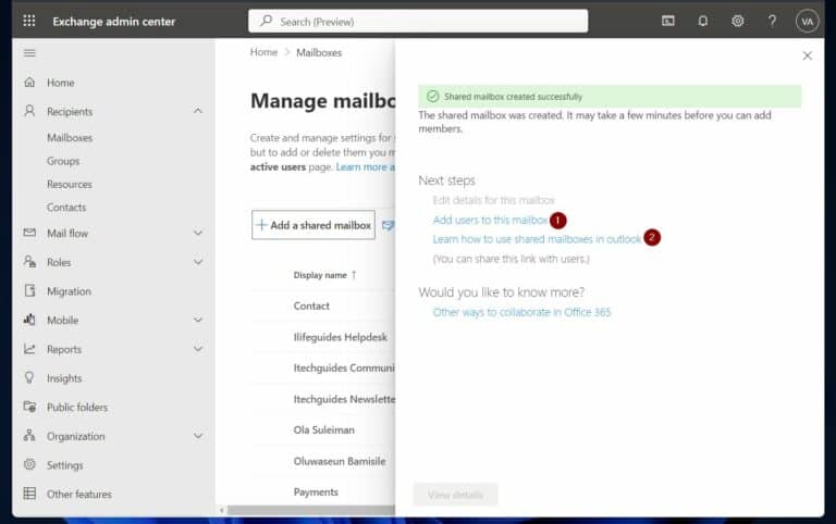 Use the Exchange Online Admin Portal to Add Shared Mailboxes - confirmation page