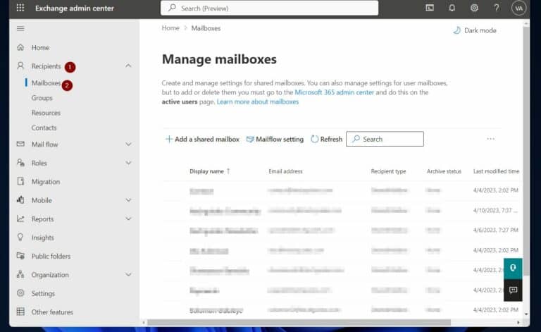 Use the Exchange Online Admin Portal to Add Shared Mailboxes - sign in to exchange online, navigate to Mailboxes