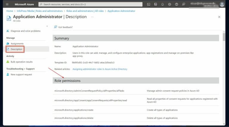 View An Azure AD's role description to view the Role permissions